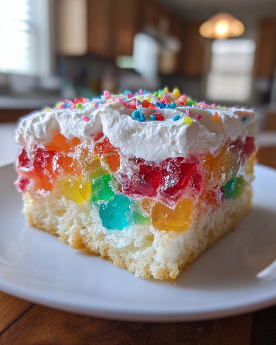 A close-up of a slice of vibrant jello poke cake featuring rainbow gelatin cubes, white whipped topping, and colorful sprinkles.