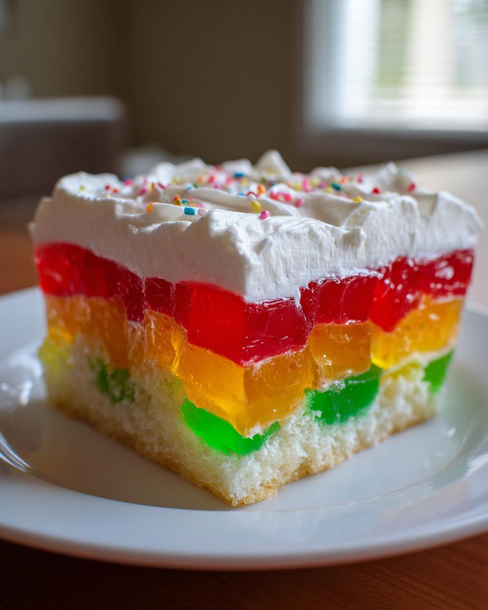 A colorful slice of jello poke cake showing layers of red, yellow, and green jello soaked into white cake, topped with whipped cream and sprinkles.