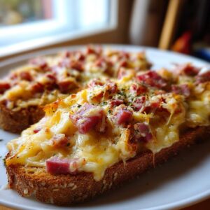 Two slices of toasted bread topped generously with melted cheese, corned beef, and herbs, inspired by reuben dip.