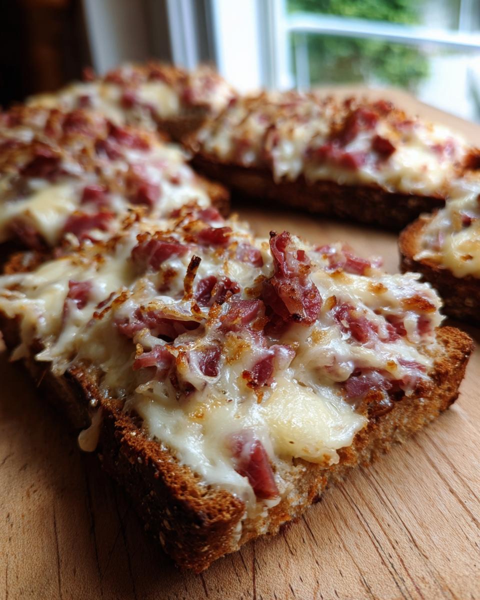 Close-up of toasted bread topped with melted cheese and corned beef, perfect for serving reuben dip.