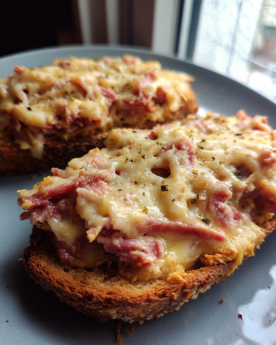 Two pieces of toasted bread topped with melted cheese and shredded corned beef, resembling a serving idea for reuben dip.