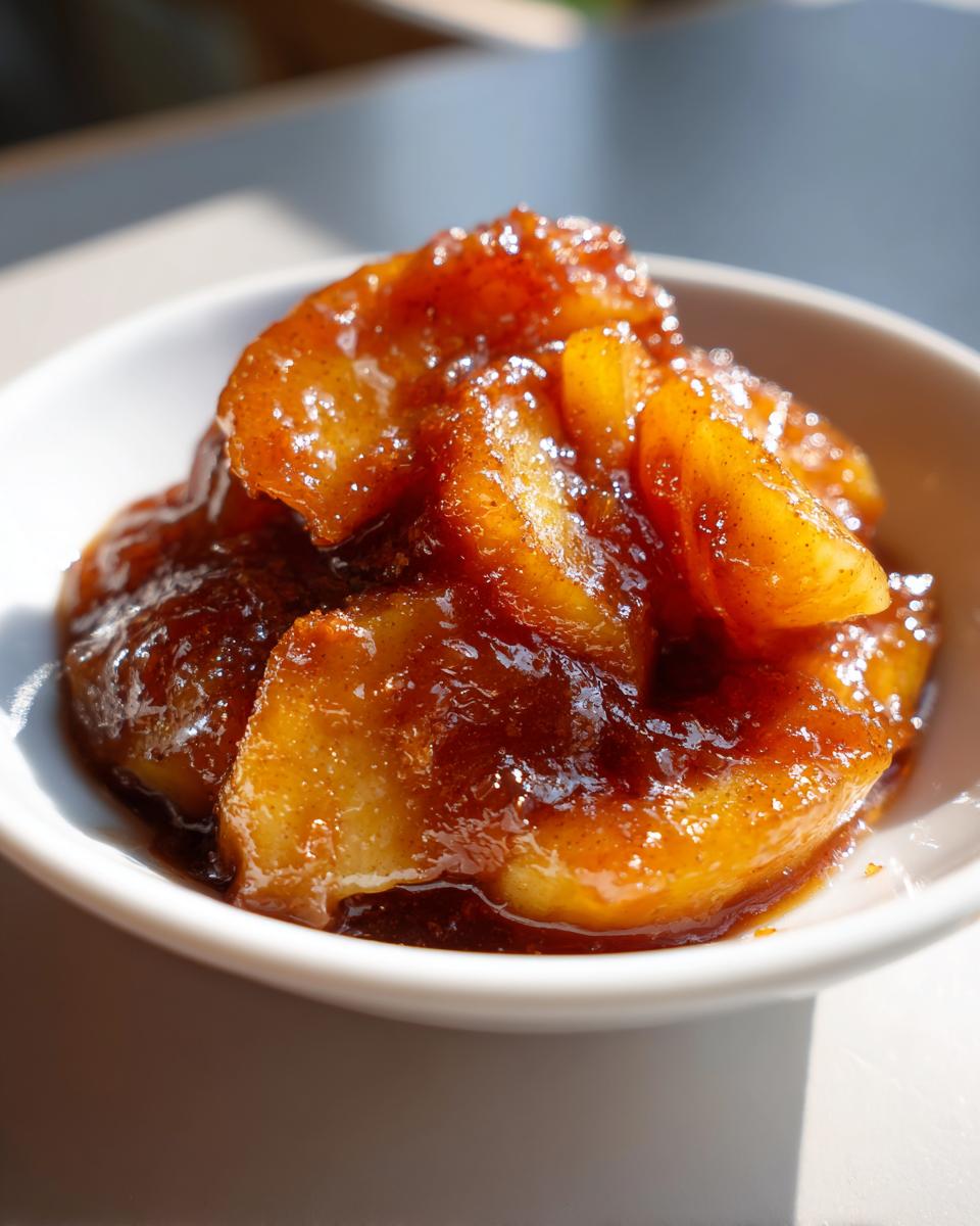 Close-up of thick, glossy apple pie filling slices coated in a dark, spiced caramel sauce.