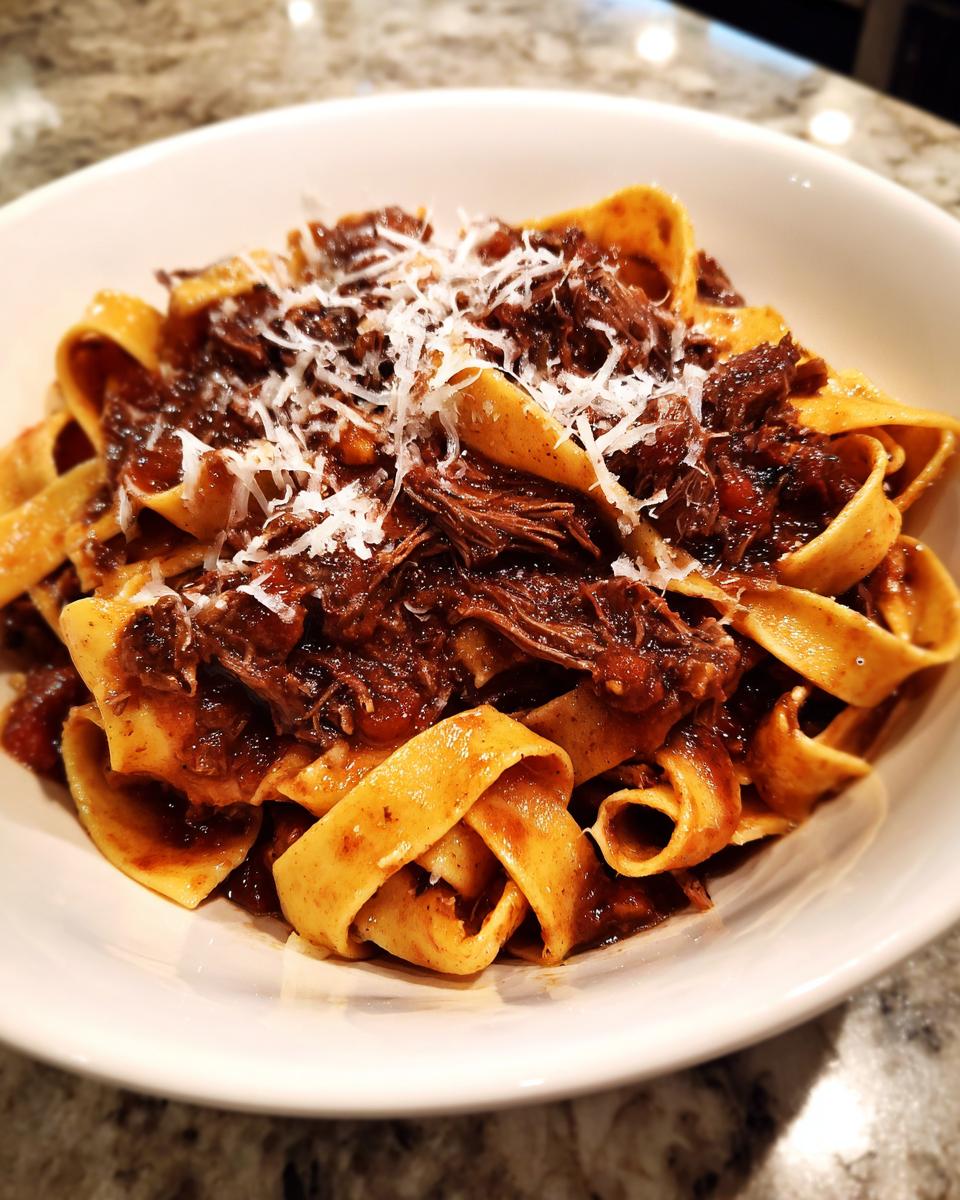 Close-up of a bowl of pappardelle pasta generously topped with rich, dark beef ragu and grated Parmesan cheese.