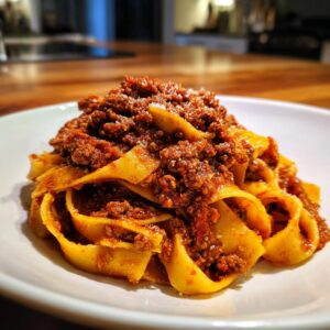 Close-up of rich, slow-cooked bolognese sauce generously spooned over wide, fresh pappardelle pasta on a white plate.
