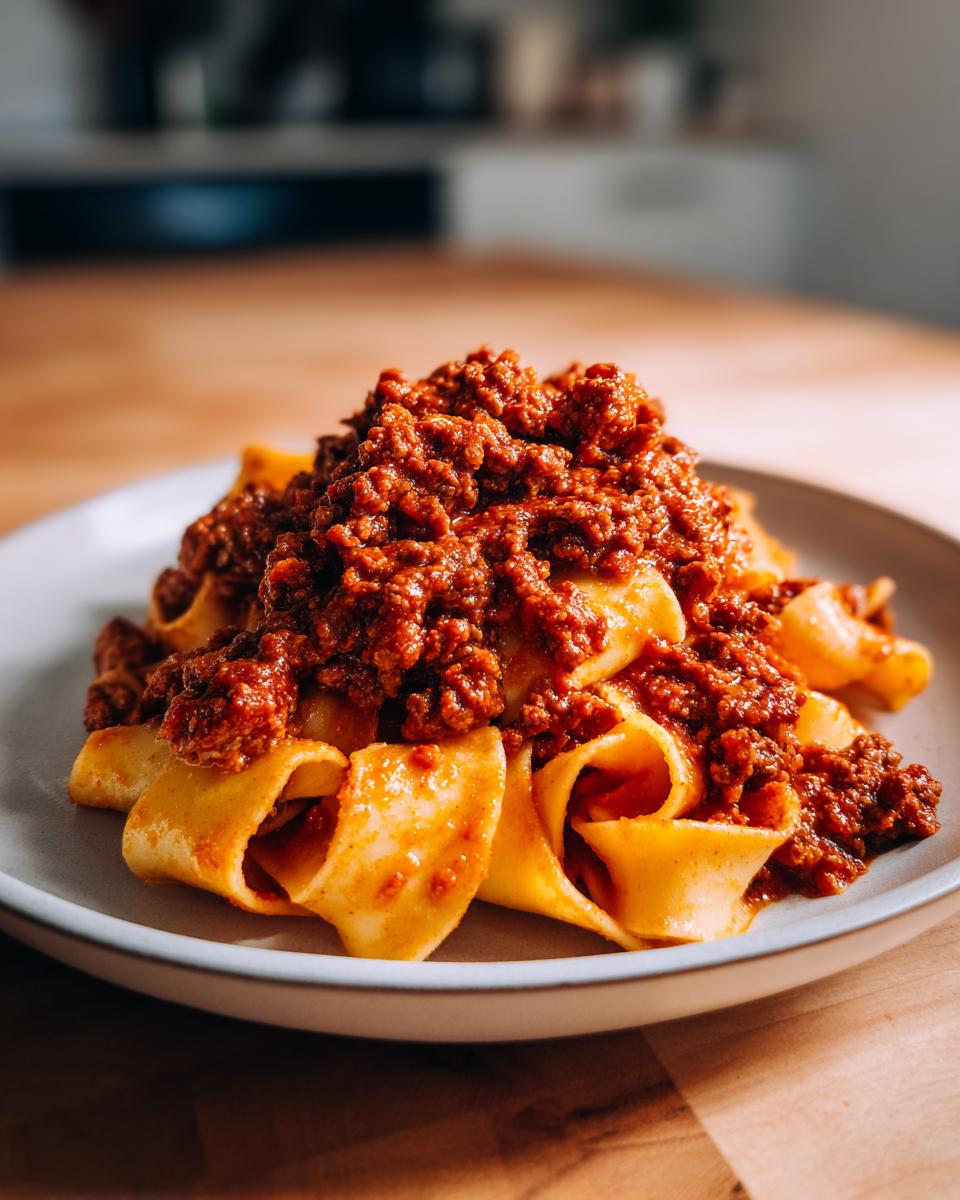 A generous serving of rich, dark red bolognese sauce piled high on wide pappardelle pasta noodles.