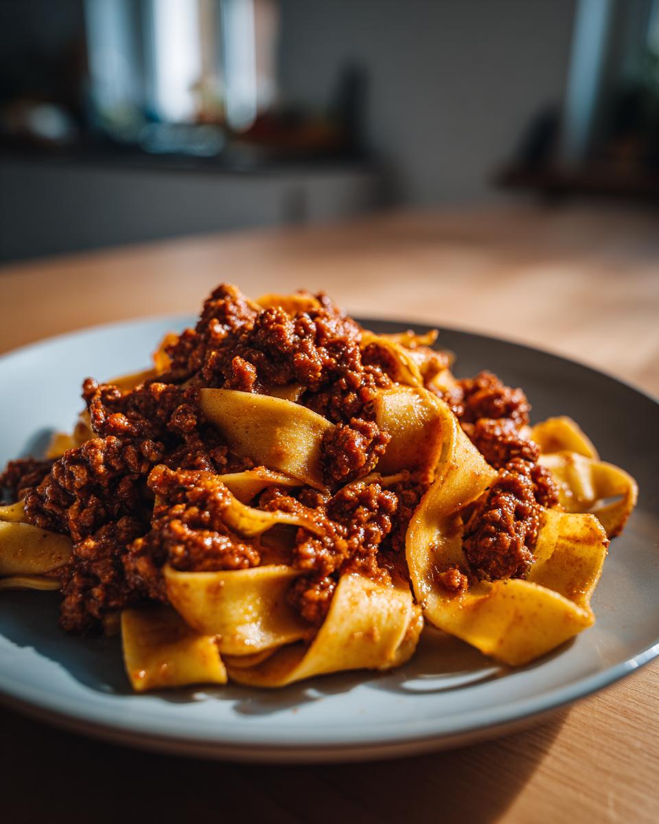 Close-up of fresh pappardelle pasta generously topped with rich, dark bolognese sauce on a light blue plate.