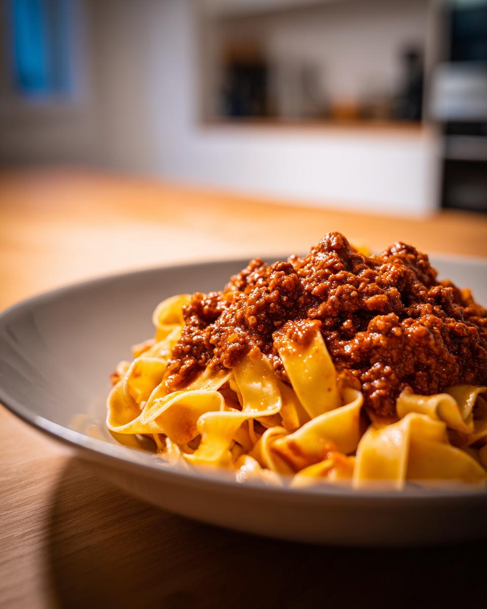 A close-up of rich bolognese sauce generously spooned over wide, fresh pappardelle pasta in a light gray bowl.
