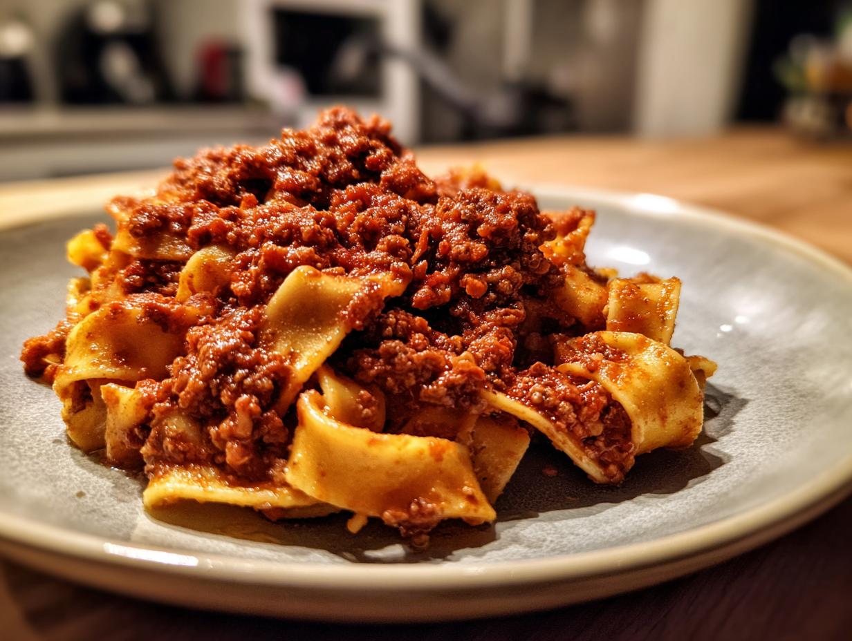 Close-up of wide, fresh pasta noodles generously topped with rich, slow-cooked bolognese sauce on a grey plate.