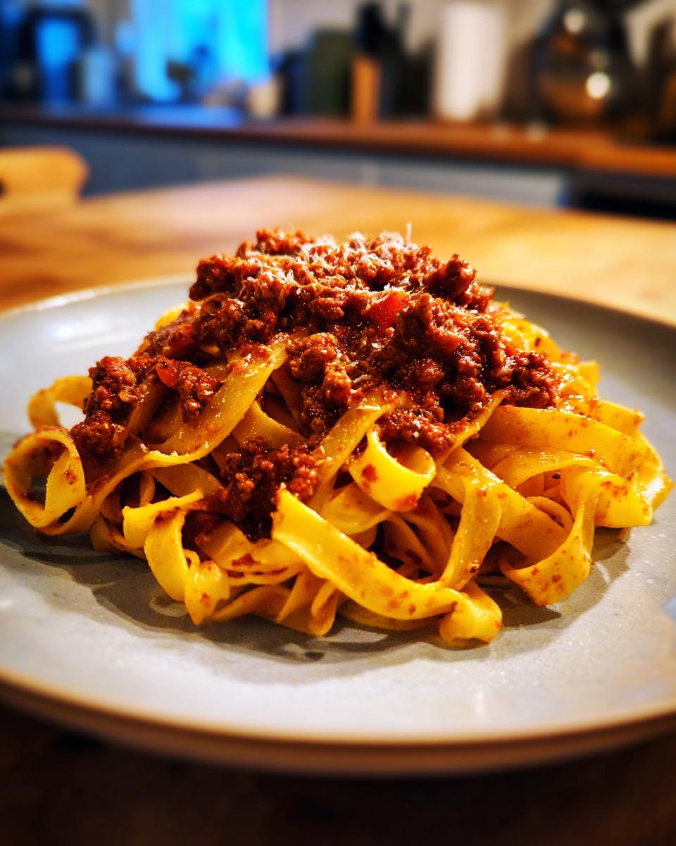 A plate of fresh tagliatelle pasta generously topped with rich, dark bolognese sauce and grated Parmesan cheese.