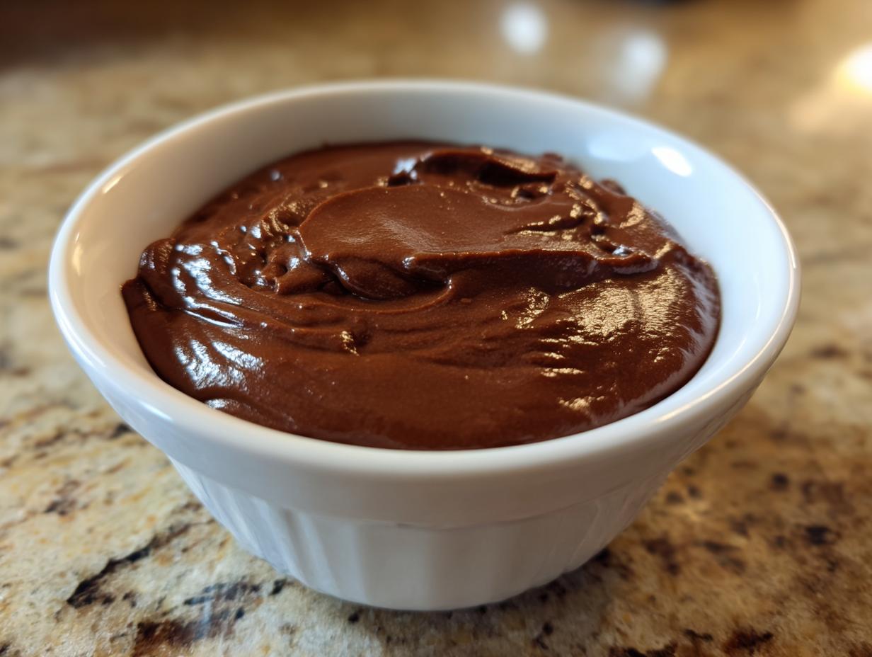 Close-up of rich, dark homemade chocolate pudding served in a small white fluted bowl.