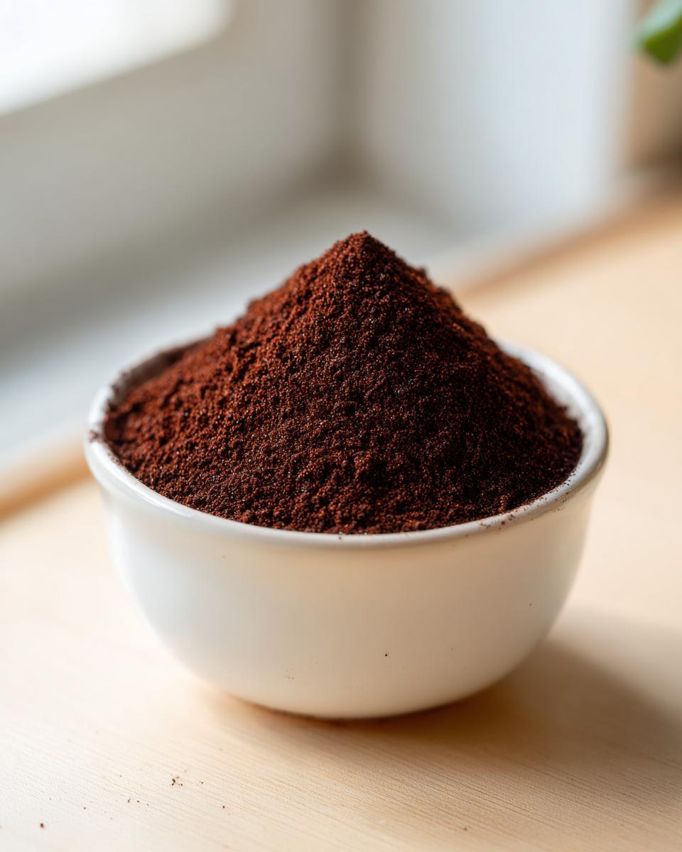 A white bowl filled with a mound of dark brown, finely ground powder, representing the cocoa ingredient for hot cocoa mix.