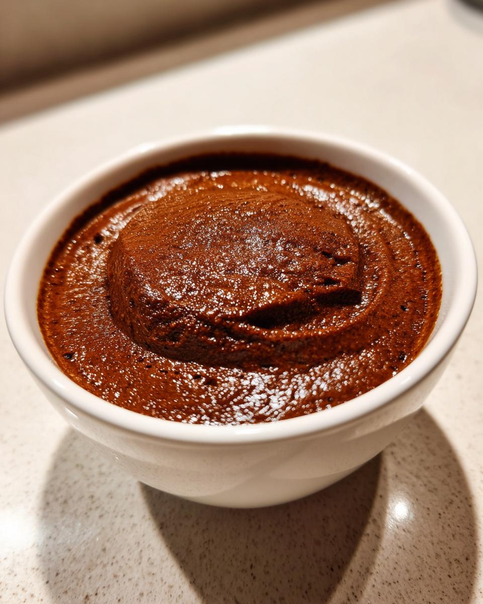 Close-up of thick, rich homemade chocolate pudding served in a small white bowl.