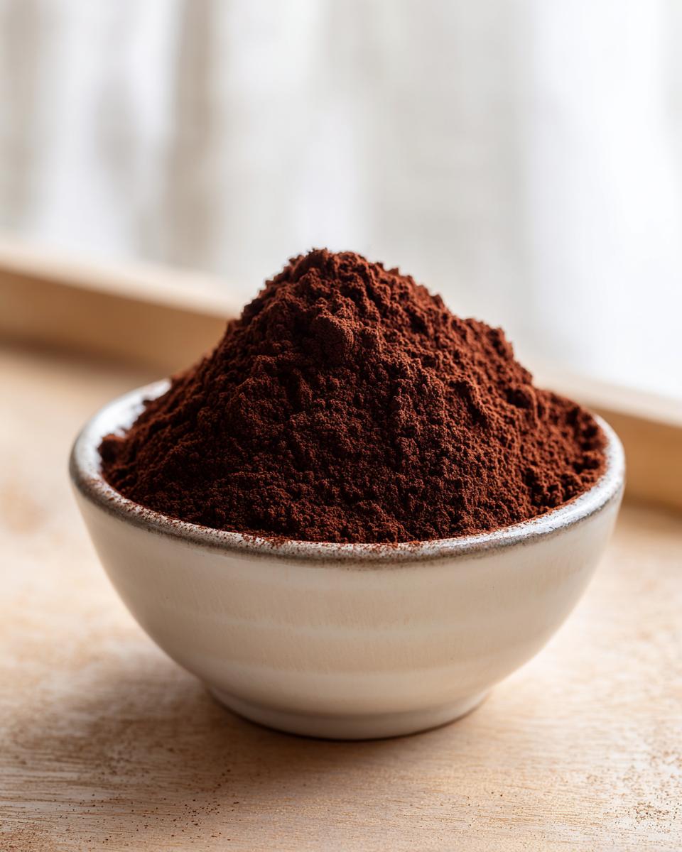 A close-up of a small white bowl filled with a mound of dark brown hot cocoa mix powder.