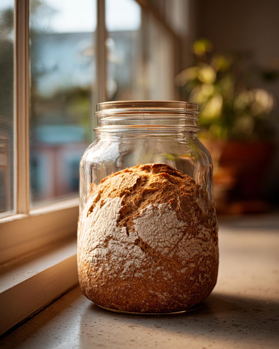 A large, active sourdough starter has risen significantly inside a clear glass jar, sitting on a countertop near a window.