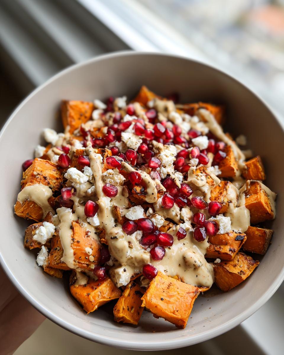 Close-up of a bowl of roasted sweet potato salad topped with pomegranate seeds, feta cheese, and a creamy dressing.