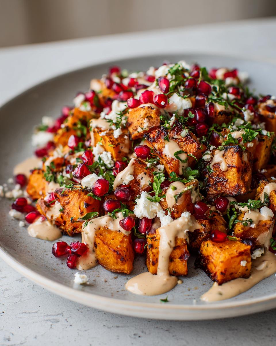 Close-up of roasted sweet potato salad topped with pomegranate seeds, feta cheese, herbs, and a creamy dressing.