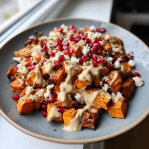 Close-up of roasted sweet potato salad cubes topped with creamy dressing, feta cheese, and bright red pomegranate seeds.