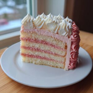 A tall slice of layered rose cake showing alternating vanilla and pink filling layers, topped with white frosting rosettes.