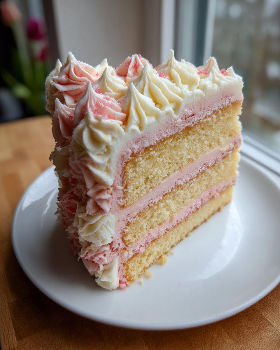 A tall slice of layered rose cake featuring yellow sponge, pink filling, and piped white and pink frosting.
