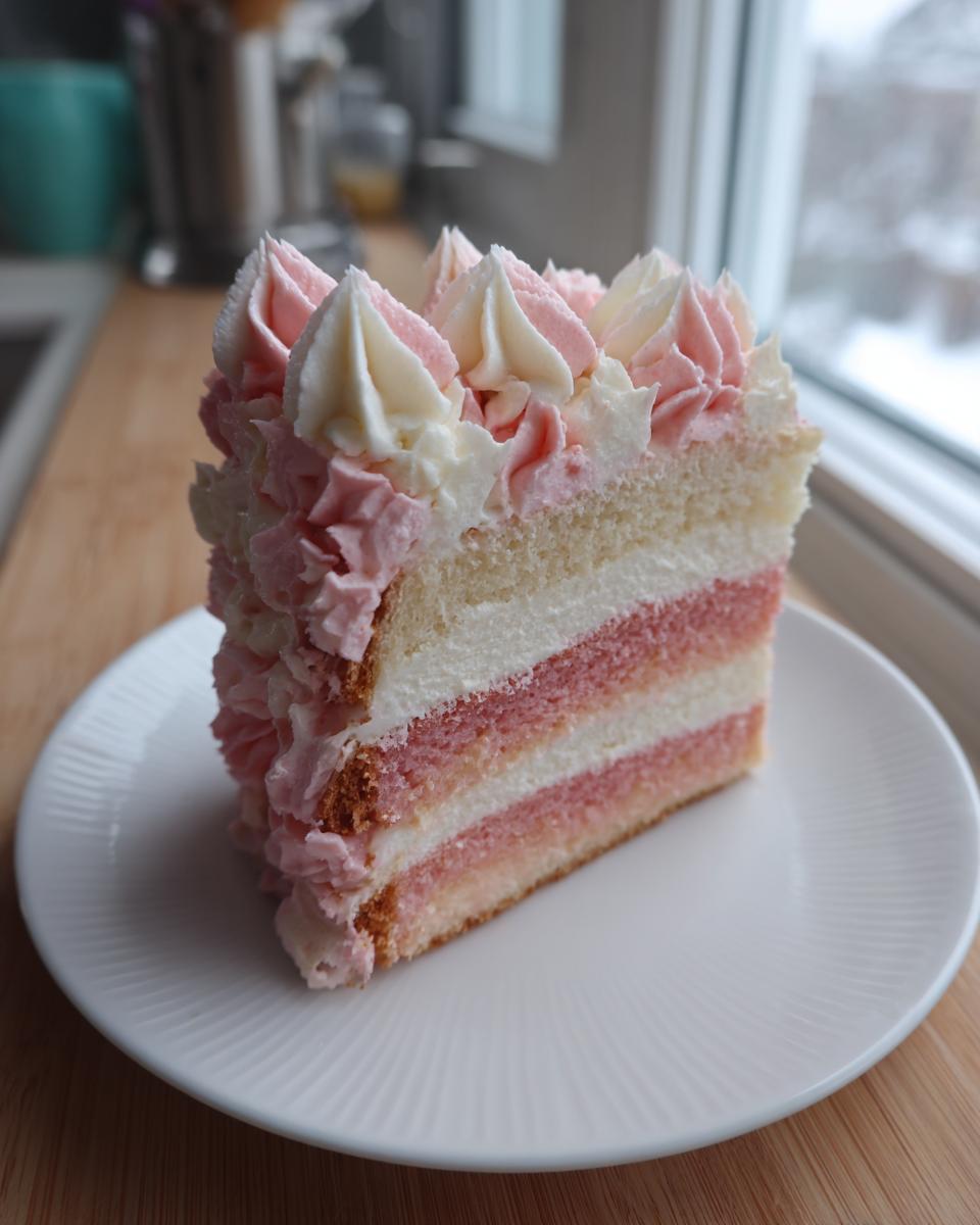 A tall slice of layered rose cake with pink and white frosting piped on top, served on a white plate.
