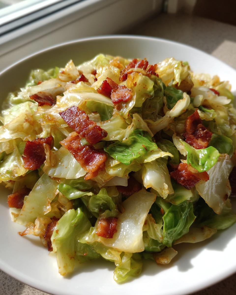 A white bowl filled with sautéed cabbage recipe mixed with crispy, browned bacon pieces, brightly lit by sunlight.