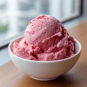A close-up of a large scoop of vibrant pink strawberry ice cream served in a small white bowl.