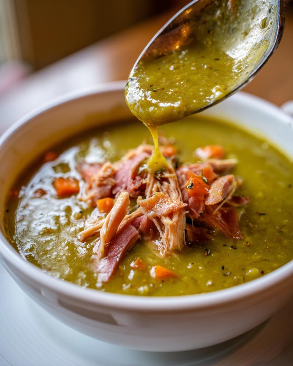 A spoonful of thick, green pea soup is being drizzled over a bowl topped with shredded ham and carrots.
