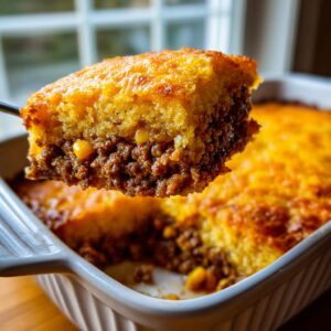 A serving lifted from a baking dish shows a thick slice of Mexican cornbread casserole with a savory ground meat layer.