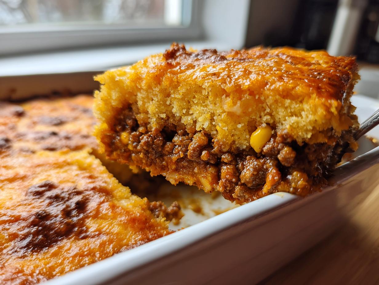 A close-up of a serving spoon lifting a golden slice of Mexican cornbread casserole showing the savory ground meat filling.