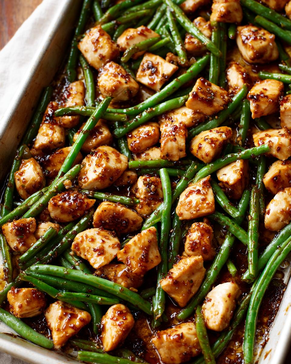 Close-up of glistening, glazed chicken pieces mixed with bright green beans on a sheet pan, featuring the chicken and green beans recipe.