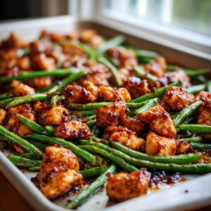 Close-up of glazed chicken pieces mixed with bright green beans on a baking sheet, featuring the chicken and green beans recipe.