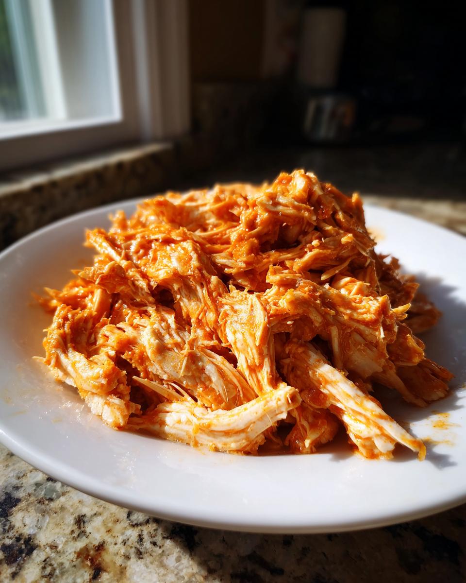 A close-up of shredded buffalo chicken coated in bright orange sauce piled high on a white plate.