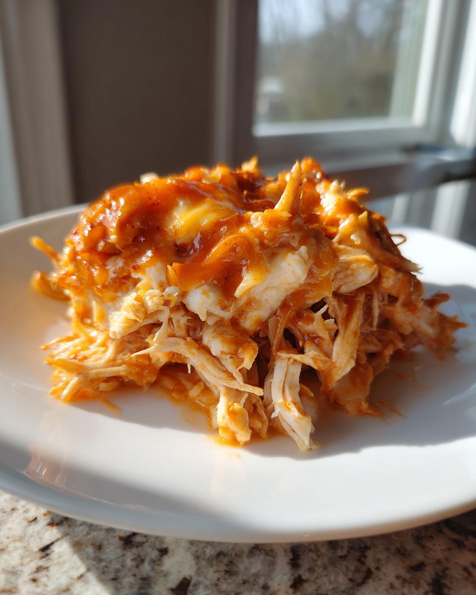 A serving of shredded buffalo chicken mixed with sauce and melted cheese on a white plate.