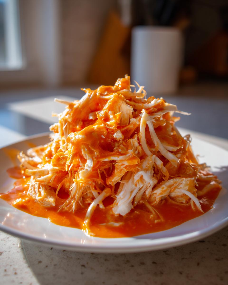 Close-up of shredded buffalo chicken piled high on a white plate, coated in bright orange sauce.