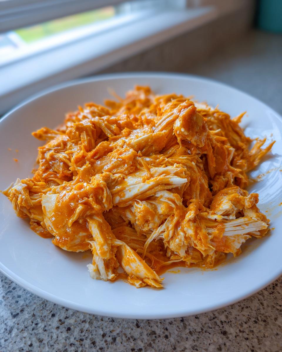 Close-up of shredded buffalo chicken coated in bright orange sauce, served on a white plate.