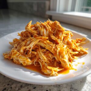 A mound of shredded buffalo chicken coated in bright orange sauce served on a white plate.