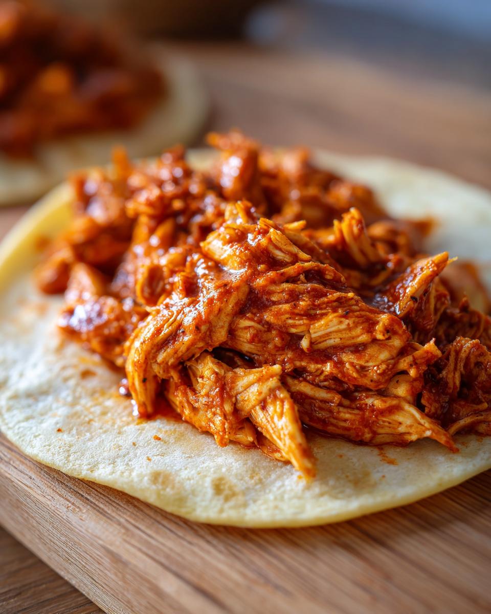 Close-up of shredded chicken tinga filling, coated in a rich red sauce, piled onto a soft corn tortilla.