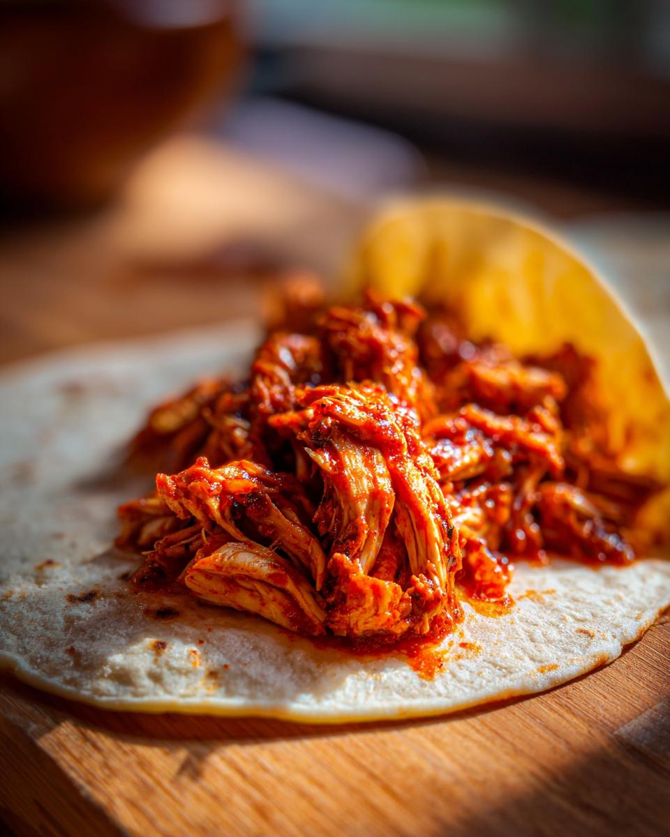 Close-up of shredded chicken tinga filling spooned onto a soft corn tortilla, ready to be eaten.
