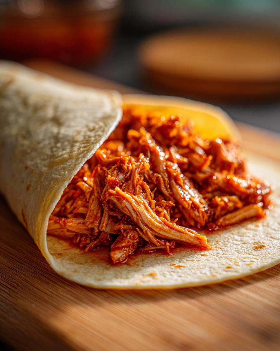 Close-up of shredded chicken tinga filling generously stuffed into a soft flour tortilla.