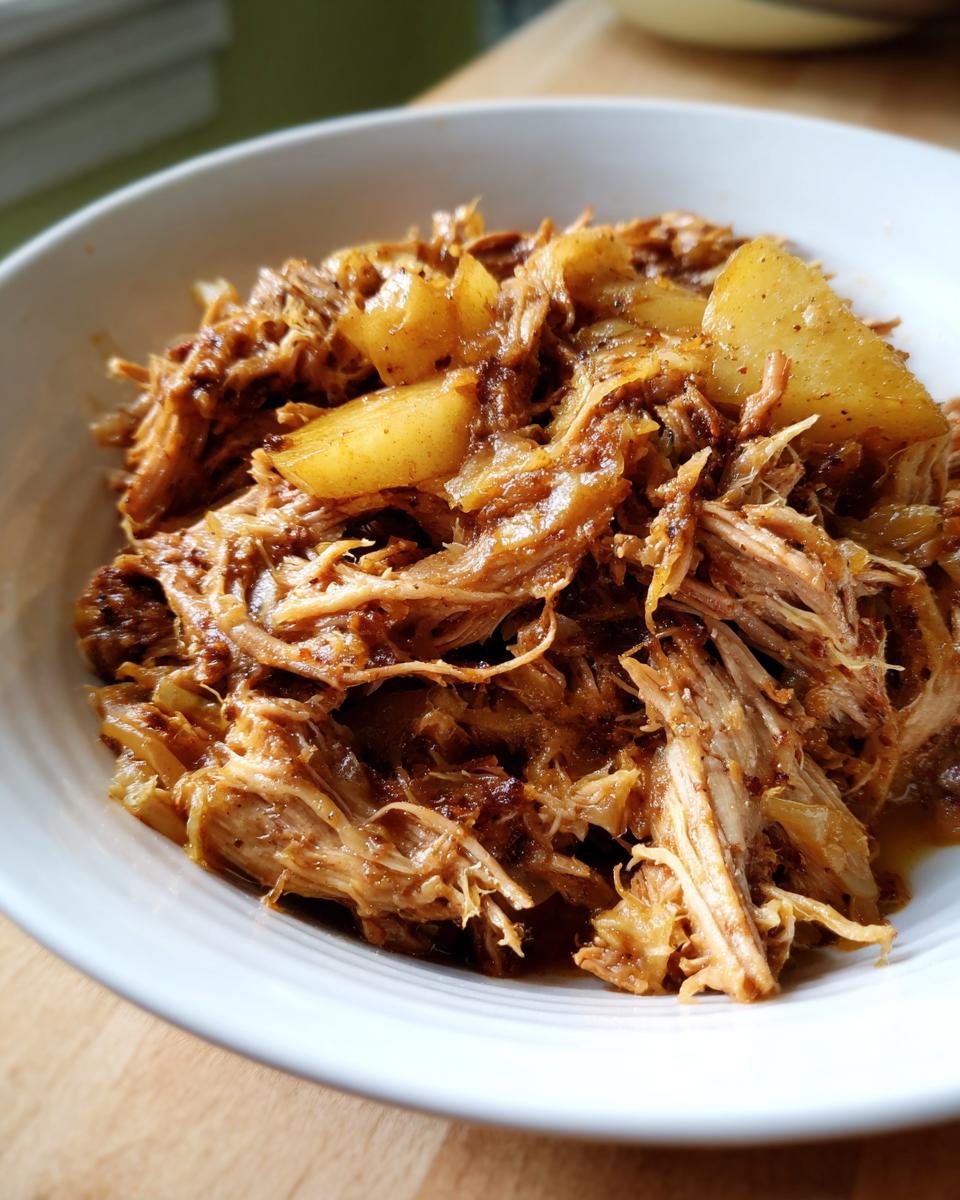 Close-up of tender, shredded pork and sauerkraut mixture with chunks of apple in a white bowl.