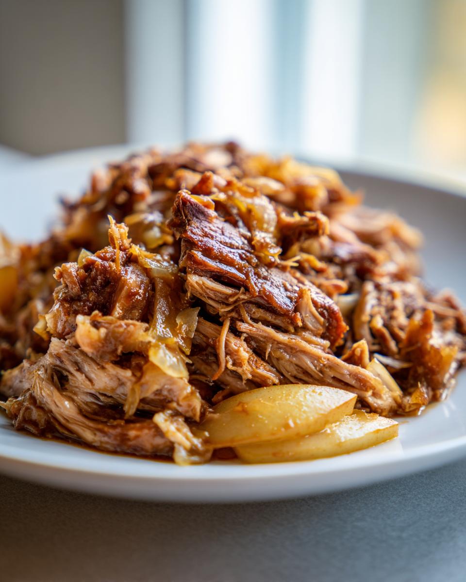 Close-up of tender, shredded pork and sauerkraut mixture served on a white plate.