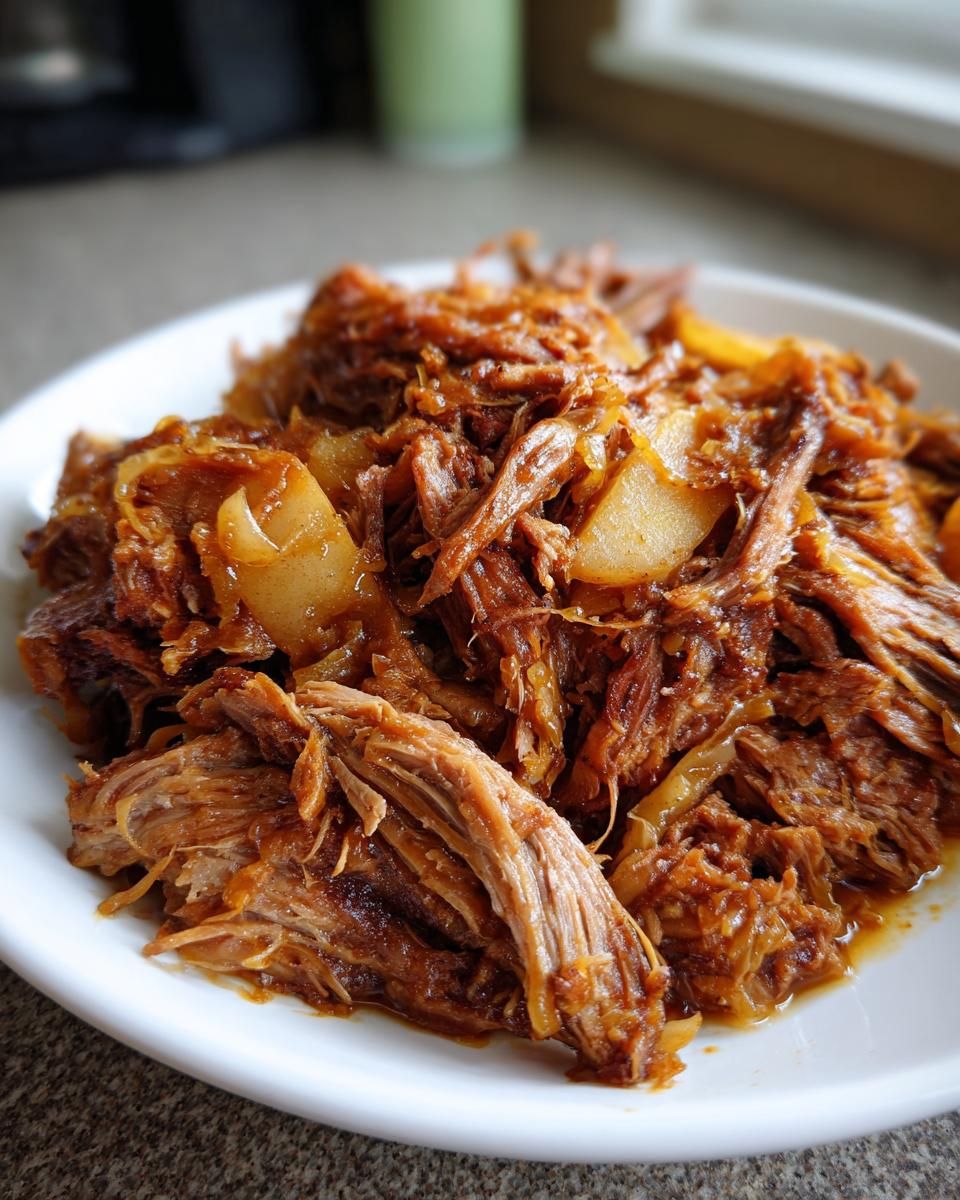 Close-up of tender, shredded pork and sauerkraut mixture served on a white plate.