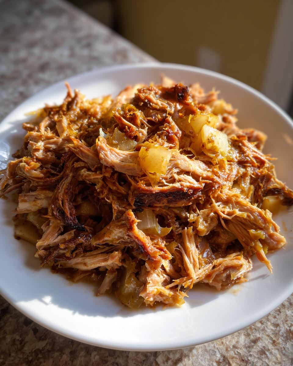 A close-up of tender, shredded pork and sauerkraut mixture piled high on a white plate, ready to eat.