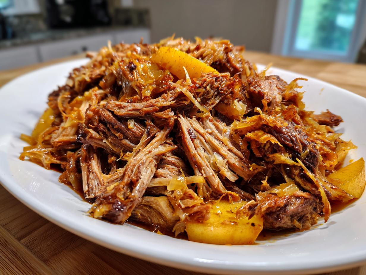 Close-up of tender, shredded pork and sauerkraut mixture served on a white platter.