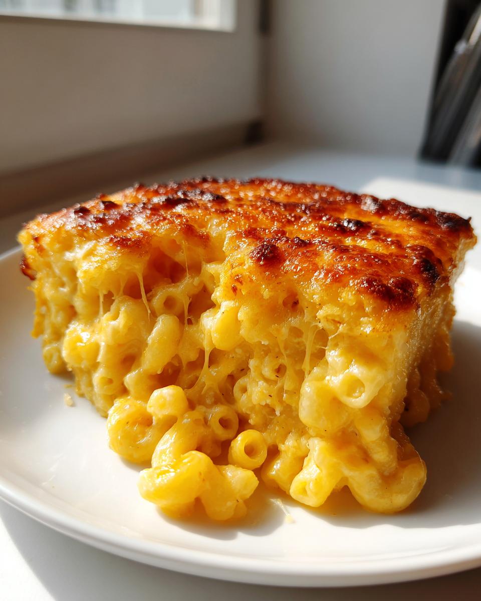 A gooey, cheesy slice of baked mac and cheese recipe with a perfectly browned, crispy top.