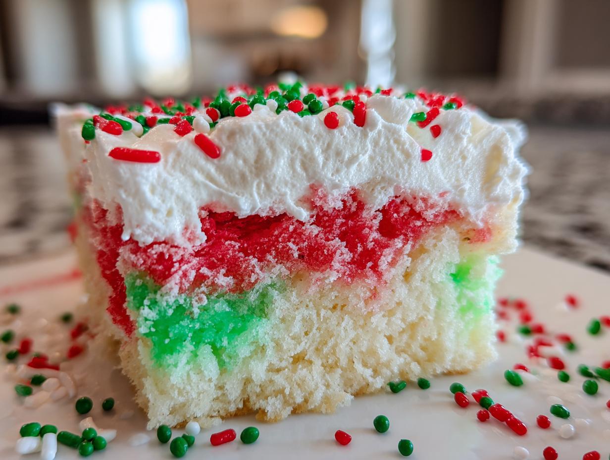 Close-up of a moist slice of christmas poke cake showing red and green colored layers under white frosting and holiday sprinkles.