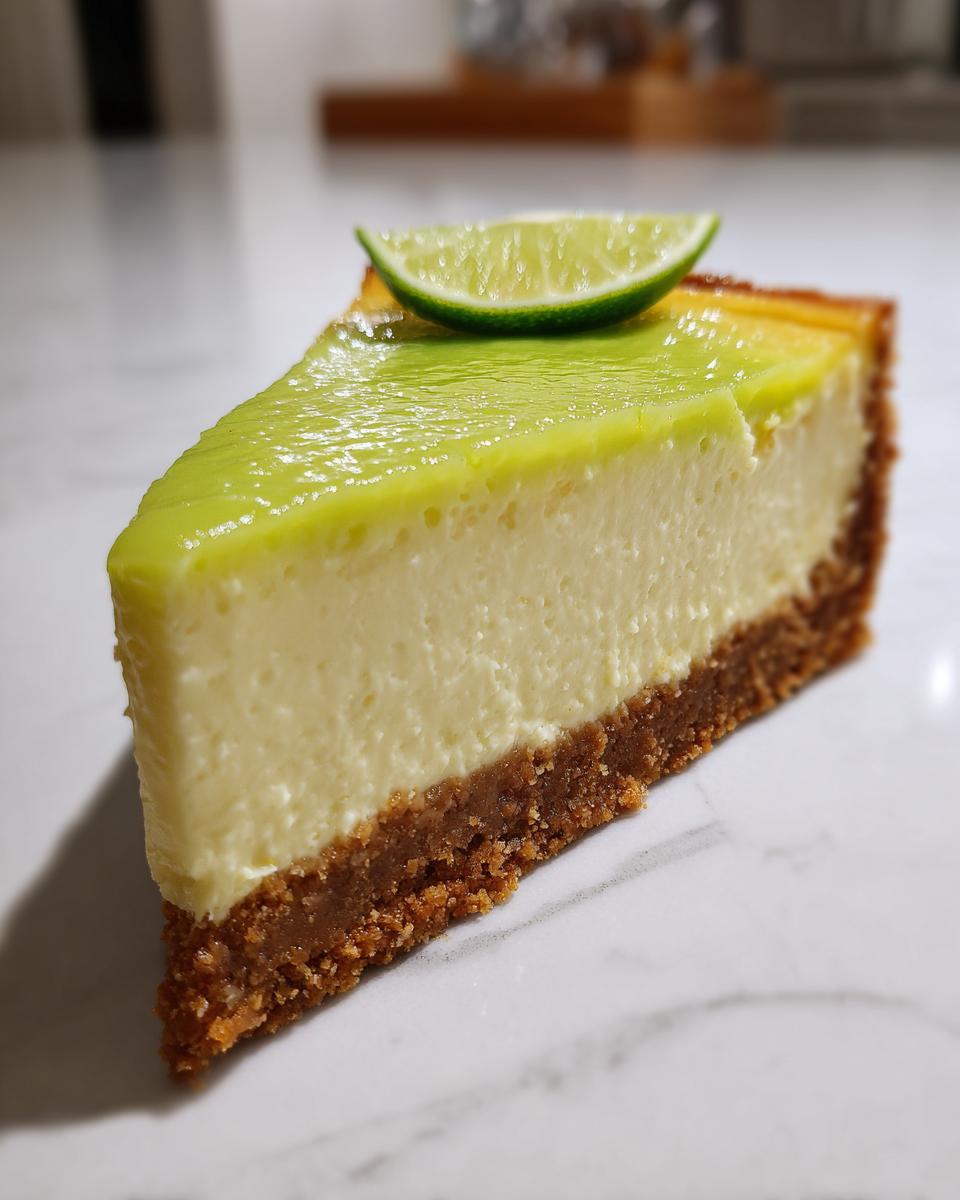 A perfect slice of key lime cheesecake showing a graham cracker crust, creamy filling, and bright green lime topping with a lime wedge.