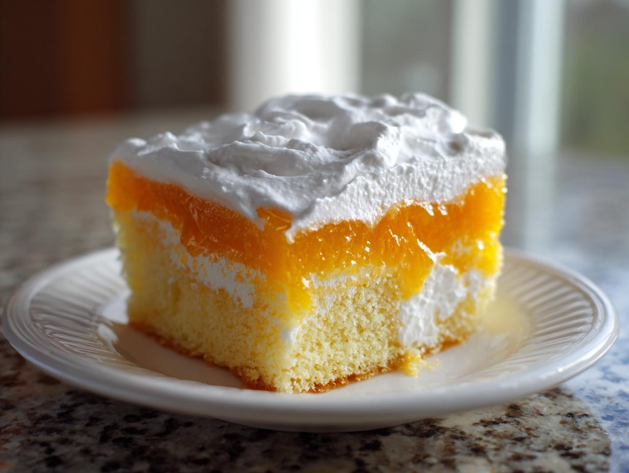 A close-up of a square slice of Creamsicle Cake featuring layers of yellow sponge, orange gelatin, and white whipped cream.