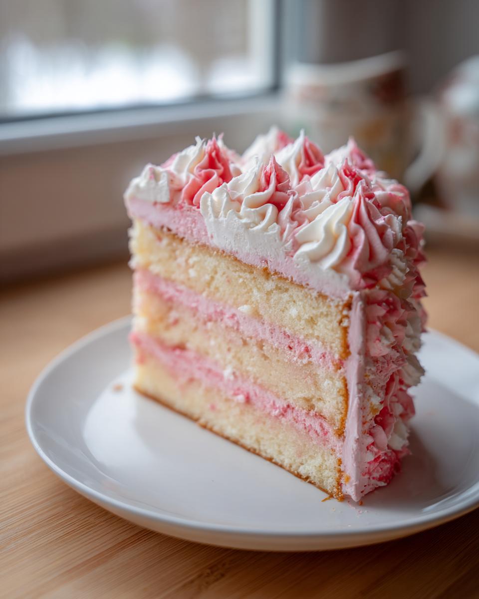 A tall slice of layered rose cake featuring vanilla sponge, pink filling, and piped white and pink frosting on top.