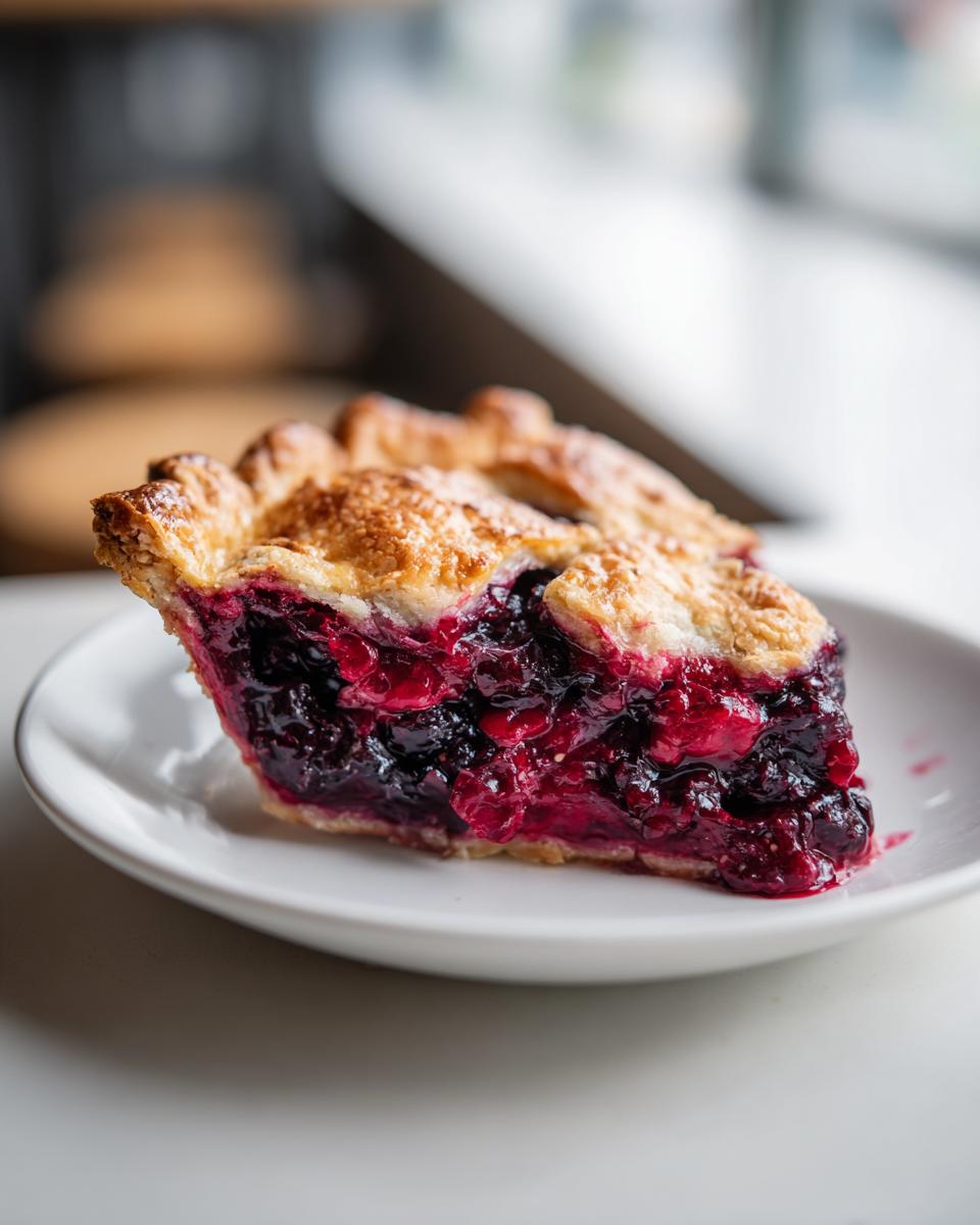 A close-up of a generous slice of triple berry pie showing the deep purple and red berry filling and golden, flaky crust.